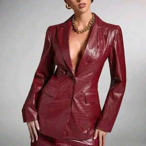 Woman Costume Burgundy Blazer Jacket Red PU Leather Jacket Concert Outfits